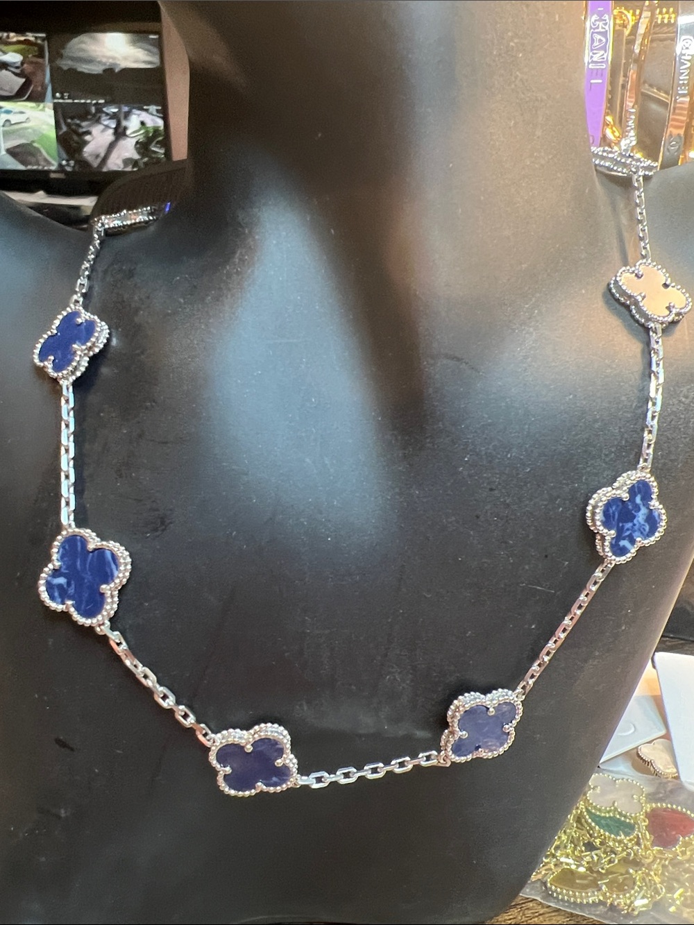 Blue Clover Station Necklace - Natural Stones/ Stainless Steel